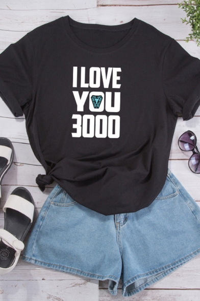 Girls Stylish Letter I LOVE YOU 3000 Roll-Up Short Sleeve Loose Relaxed T-Shirt
