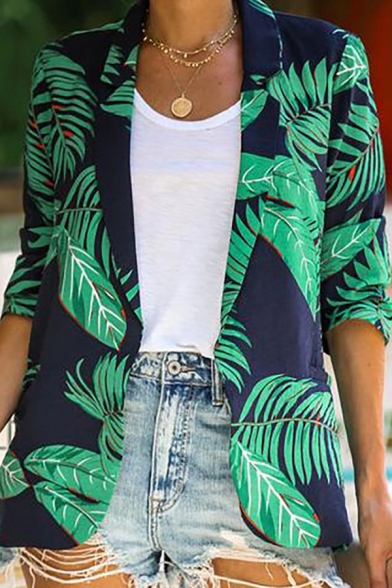 Green Leaf Printed Long Sleeve Notched Collar Open Front Slim Fit Casual Streetwear Blazer Coat