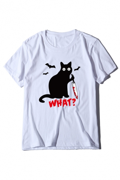 Halloween Cat Knife Letter WHAT Printed Short Sleeve Oversized Casual Tee Top