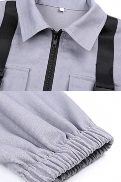 Hip Hop Style Long Sleeve Push Buckle Flap Pocket Zipper Grey Cropped Cargo Jacket for Women