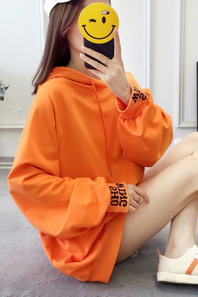 Korean Style Cute Rabbit Printed Back Balloon Sleeve Letter Cuff Oversized Drawstring Hoodie with Pocket