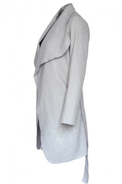 Ladies Simple Solid Color Long Sleeve Open Front Medium Length Belted Woolen Coat
