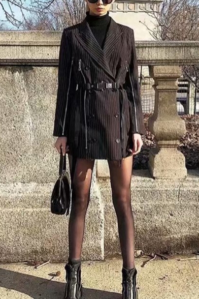 Ladies Stylish Black Pinstripe Peak Collar Double Breasted Zipper Decoration Belted Blazer Dress
