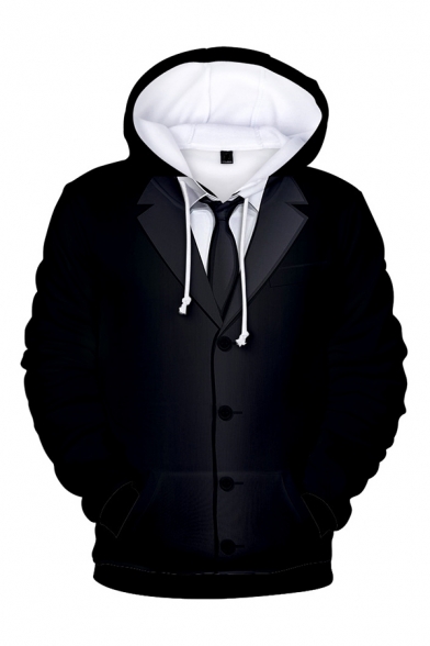Men's Stylish 3D Printed Bow Tie Tuxedo Suit Pattern Black Long Sleeve Drawstring Hoodie