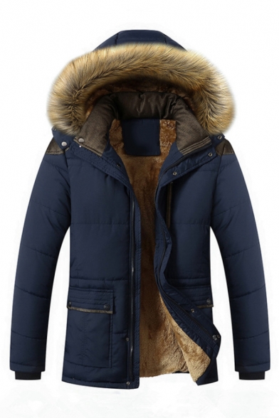 Mens New Fashion Sherpa Lined Long Sleeve Plain Zip Placket Detachable Fur Trimmed Hooded Parka Coat