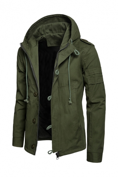 Mens Stylish Long Sleeve Drawstring Hood Plain Zip Placket Casual Jacket Coat with Epaulets