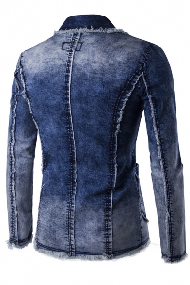 Mens Stylish Long Sleeve Notched Lapel Long Sleeve Double Button Raw Edges Faded Denim Blazer Jacket with Pocket