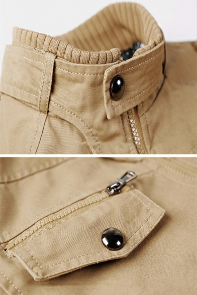 Mens Stylish Plain Stand Collar Long Sleeve Epaulets Decoration Zipper Casual Utility Jacket Coat