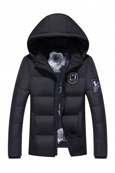 Mens Trendy Black Letter Logo Printed Long Sleeve Zip Up Outdoor Puffer Coat with Hood