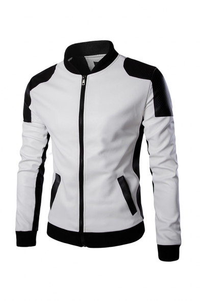 New Trendy Black and White Color Block Long Sleeve Stand Collar Full Zip Slim Fit PU Jacket with Pocket