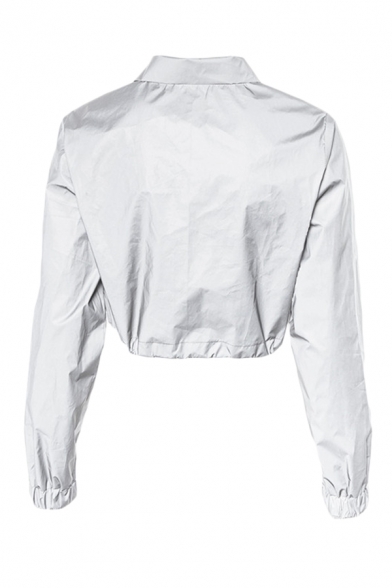 Plain Reflective Long Sleeve Single Breasted Drawstring Hem Cropped Windbreaker Jacket Coat