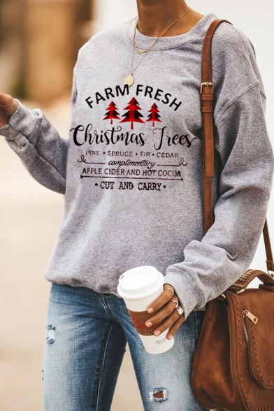 Popular Christmas Pattern Letter Printed Long Sleeve Gray Casual Pullover Sweatshirt