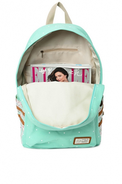 Students Fashionable Number 6 Polka Dot Floral Print Zip Up Canvas School Backpack Bag