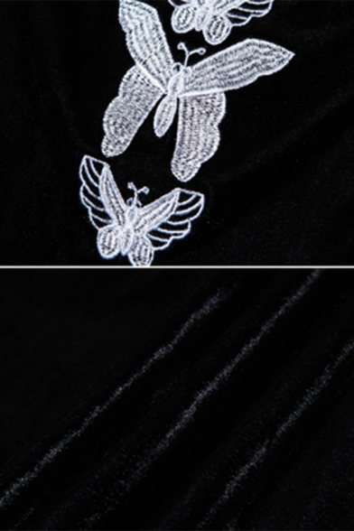 Summer Cool Butterfly Embroidery Sleeveless Crisscross Back Slim Black Mini Strap Dress