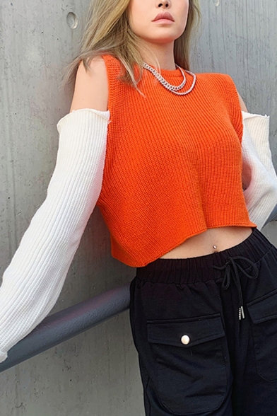 Winter Fashionable Contrast Long Sleeve Cold Shoulder Cropped Chunky Fit Casual Pullover Sweater