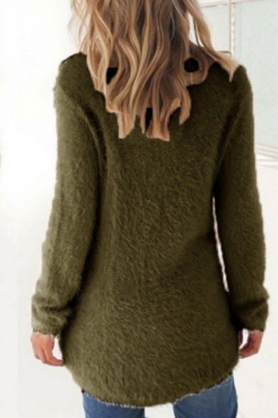 Womens Basic Solid Color Long Sleeve Round Neck High Low Longline Fitted Plush Pullover Sweater Top