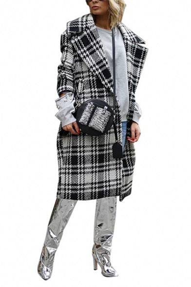 Womens British Style Checked Pattern Long Sleeve Notched Lapel Open Front Black and White Longline Coat