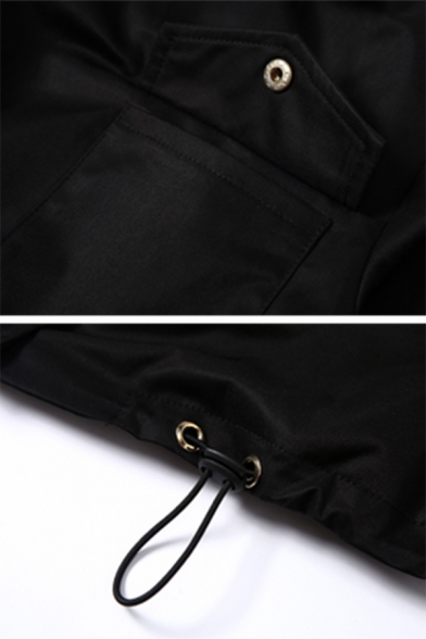Womens Casual Plain Black Long Sleeve Flap Pocket Drawstring Hem Snap Button Cropped Blazer Jacket