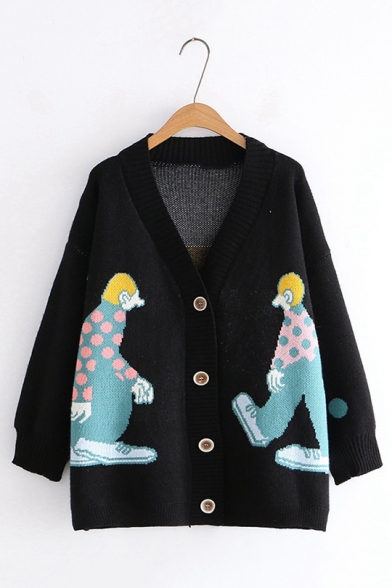 Womens Chic Cartoon Character Printed Long Sleeve Button Down Loose Fit Casual Cardigan Coat
