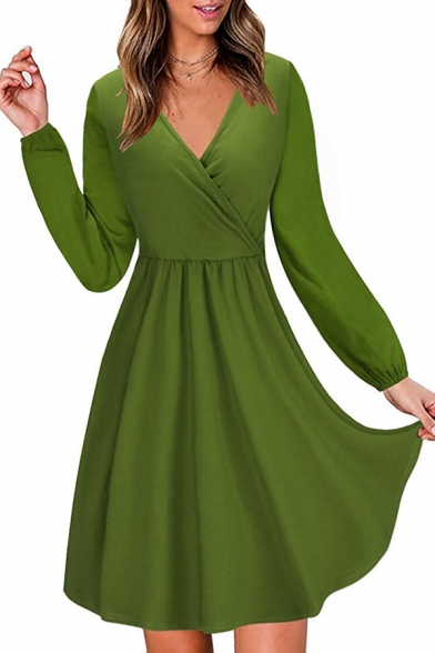 Womens Chic Surplice V-Neck Long Sleeve Gathered Waist Solid Color Mini A-Line Dress