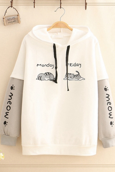 Womens Cute Cat MONDAY FRIDAY MEOW Printed Colorblock Long Sleeve Drawstring Thick Hoodie