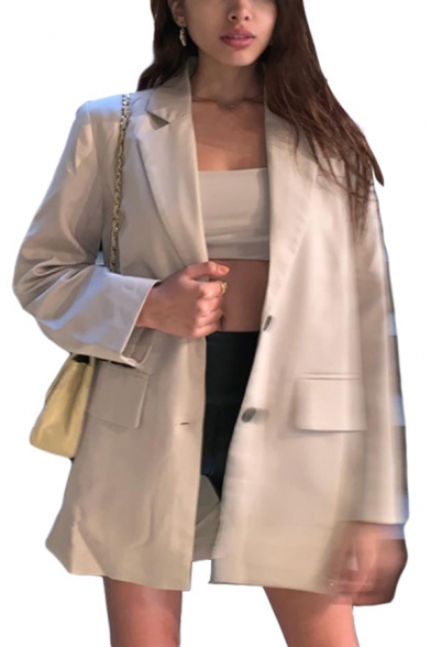 Womens Elegant Long Sleeve Single Breasted Khaki Longline Loose Suit Coat with Flap Pocket