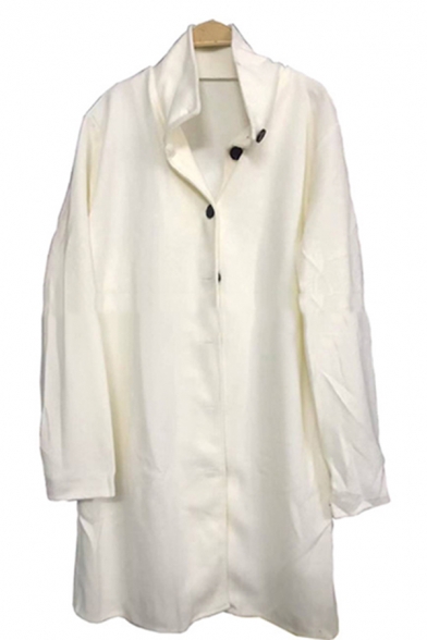 Womens Elegant Plain White Long Sleeve Stand Collar Single Breasted Longline Wool Coat