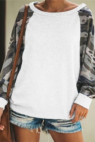 Womens Fashion Camo Patch Long Sleeve Loose Pullover Sweatshirt Top