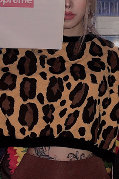 Womens Fashion Leopard Print Long Sleeve Crew Neck Long Sleeve Dark Brown Cropped Pullover Sweatshirt