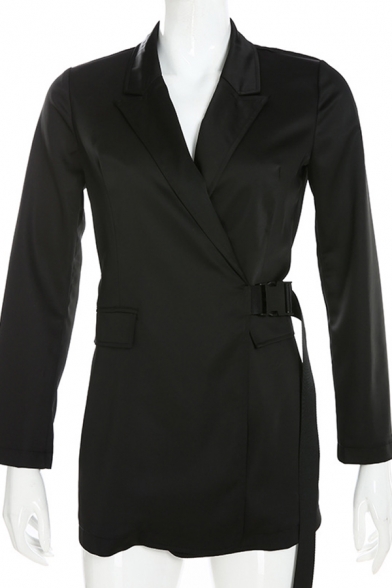 Womens Fashion Long Sleeve Flap Pocket Black Longline Blazer Coat with Push Buckle Belt