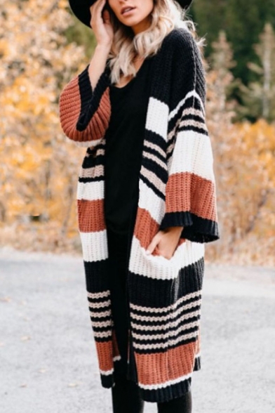 Womens Fashion Striped Long Sleeve Purl-Knit Longline Open Front Loose Cardigan Coat