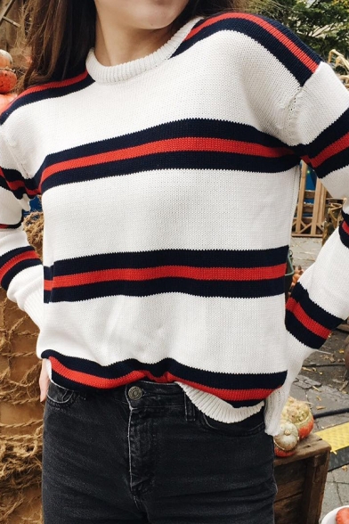Womens Fashion Striped Panel Crew Neck Long Sleeve White Loose Classic Pullover Sweater