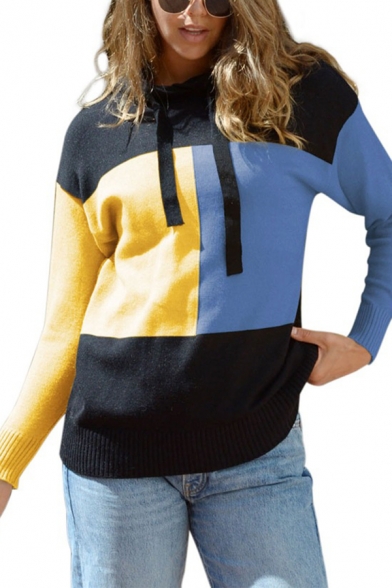 Womens Fashionable Colorblock Patch Long Sleeve Drawstring Hooded Sweater Knitted Hoodie