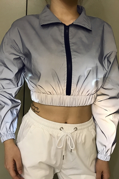 Womens Fashionable Stand Collar Long Sleeve Elastic Hem Zip Up Reflective Cropped Jacket Windbreaker