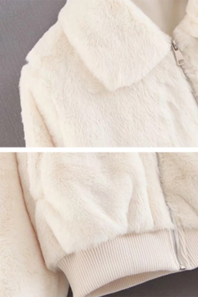 Womens Plain White Lapel Collar Long Sleeve Full Zip Faux Rabbit Fur Warm Coat with Pocket
