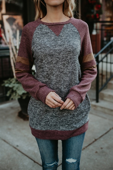 Womens Simple Colorblock Raglan Long Sleeve Casual Dark Grey Pullover Sweatshirt Top