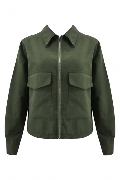 Womens Simple Plain Lapel Collar Long Sleeve Zip Up Short Casual Work Jacket Coat
