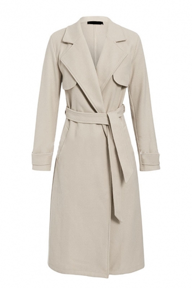 Womens Stylish Commuting Coat Long Sleeve Hidden Button Tied Waist Slit Back Light Apricot Longline Warm Woolen Overcoat
