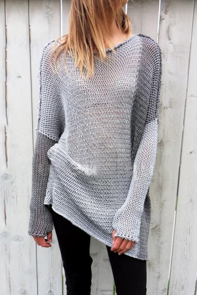 Womens Stylish Cut and Sew Contrast Long Sleeve Longline Gray Cozy Pullover Sweater