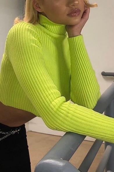 Womens Stylish Fluorescent Green High Collar Long Sleeve Push Buckle Embellished Cropped Pullover Sweater