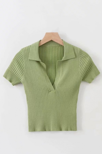 Womens Summer Trendy Deep V Neck Solid Color Short Sleeve Slim Fit Ribbed Knitted Sweater Top