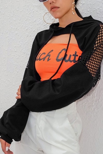 Black Cool Sexy Fishnet Panel Long Sleeve Cutout Drawstring Cropped Hoodie for Women