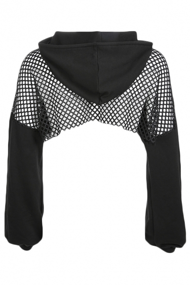 Black Cool Sexy Fishnet Panel Long Sleeve Cutout Drawstring Cropped Hoodie for Women