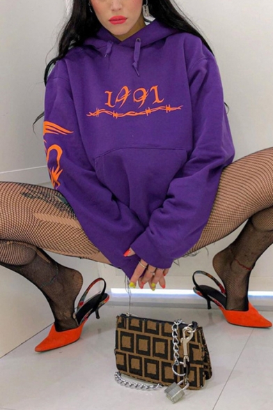 Creative Number and Letter Printed Long Sleeve Oversized Purple 