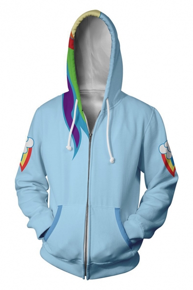 Cute Wing 3D Rainbow Stripe Printed Long Sleeve Zip Up Casual Loose Hoodie
