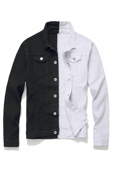 Fall Stylish Black and White Color Block Single Breasted Long Sleeve Thin Denim Jacket Coat