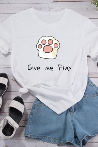GIVE ME FIVE Lovely Cat Claw Printed Short Sleeve Cute Oversized Tee Top for Girls