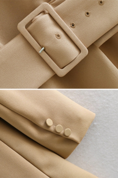 Khaki Simple Peak Collar Long Sleeve Double Breasted Belted Longline Blazer Coat with Pocket