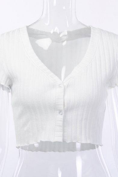 Ladies Summer Fashionable White V-Neck Short Sleeve Button Front Ribbed Knit Crop Cardigan Top