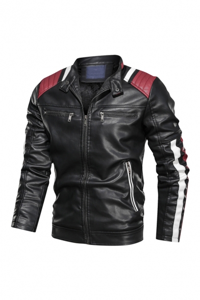 Men's Casual Black Faux Leather Color Block Long Sleeve Zipper Decoration Lightweight Motor Jacket with Zip Closure